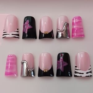 Chic Press-On Nails Set - Pink, Black, and Silver